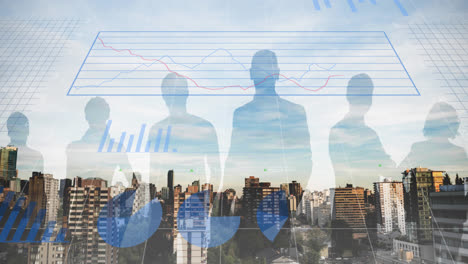 Animation-of-financial-graphs-and-people-silhouettes-over-cityscape