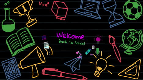 Welcome-back-to-school-text-banner-and-school-concept-icons-on-black-background