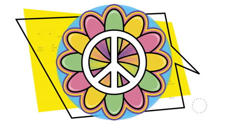 Animation-of-peace-sign-and-colorful-flower-over-speech-bubble,-yellow-rectangle-and-processing-data
