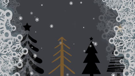 Animation-Von-Schneeflocken,-Die-über-Weihnachtsbaumsymbole-Vor-Grauem-Hintergrund-Mit-Kopierraum-Fallen