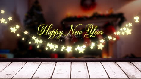 Animation-of-happy-new-year-text-and-hanging-fairy-lights-over-wooden-plank-against-decorated-house