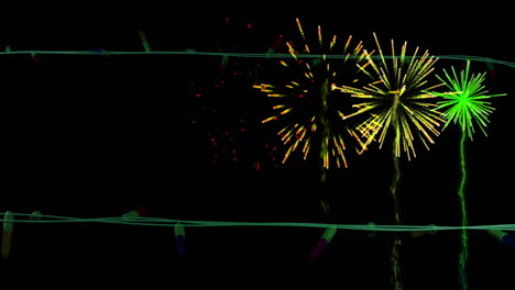 Animation-of-christmas-lights-and-fireworks-on-black-background