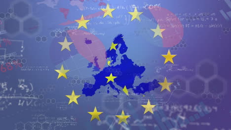 Animation-Von-Rotierenden-Sternen-Auf-Der-EU-Flagge-Und-Karte-Vor-Dem-Hintergrund-Statistischer-Datenverarbeitung