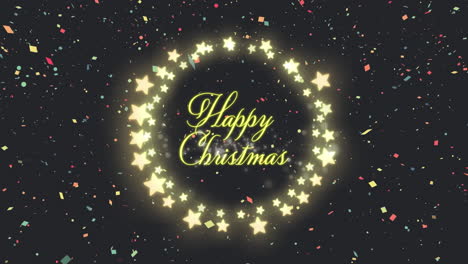 Animation-of-happy-christmas-text-with-star-fairy-lights-on-black-background
