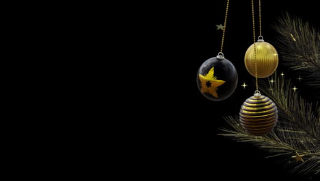 Black-and-gold-christmas-baubles-swinging-on-tree-with-gold-stars-on-black-background,-copy-space