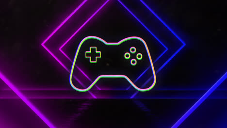 Animation-of-gamepad-icon-and-neon-shapes-moving-on-black-background