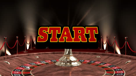Animation-of-start-text-banner-over-roulette-and-red-carpet-and-golden-barriers