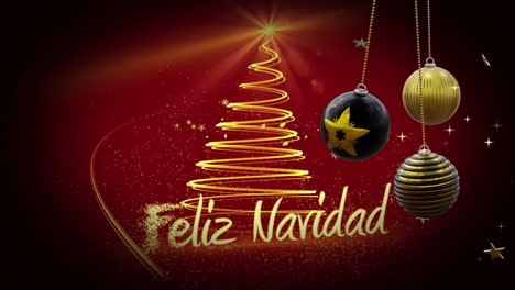 Black-and-gold-christmas-baubles,-spiraling-shooting-star-and-feliz-navidad-text-on-red-glow