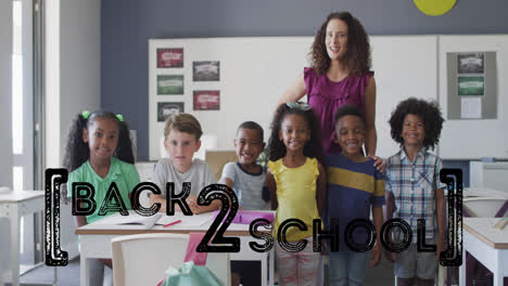 Animation-of-back-to-school-text-over-biracial-female-teacher-and-diverse-school-kids-at-school