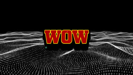 Animation-of-wow-text-over-a-retro-speech-bubble-against-digital-wave-on-black-background