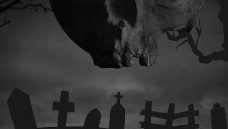Animation-Eines-Grauen-Totenkopfes-über-Ästen-Und-Einem-Friedhof