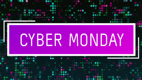 Animation-of-cyber-monday-sale-over-black-background-with-green,-blue-and-pink-lights