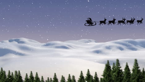 Animation-of-snow-falling-on-santa-claus-in-sleigh-being-pulled-by-reindeers-over-winter-landscape