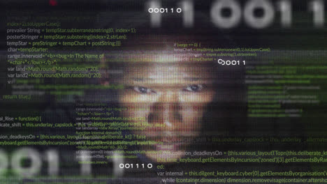 Animation-of-data,-integrated-circuit-and-numbers-over-african-american-male-hacker