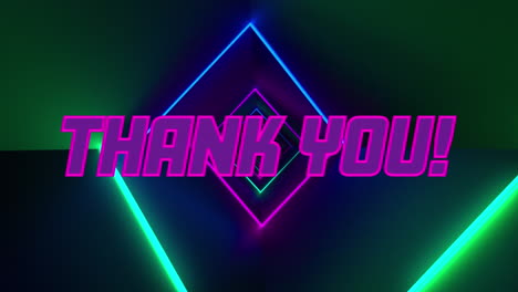 Animation-of-thank-you-text-banner-over-neon-square-tunnel-against-black-background