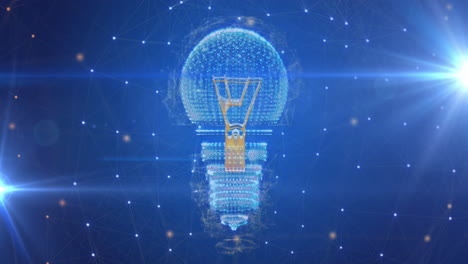 Animation-Von-Lichtpunkten-Und-Einem-Netzwerk-Von-Verbindungen-über-Einem-Sich-Drehenden-Glühbirnensymbol-Vor-Blauem-Hintergrund