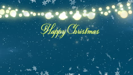 Animation-Von-Schneeflocken-über-Einem-Fröhlichen-Weihnachtstextbanner-Und-Lichterketten-Vor-Blauem-Hintergrund