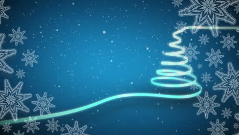 Animation-of-snow-falling-over-ribbon-forming-a-christmas-tree-against-snowflakes-on-blue-background