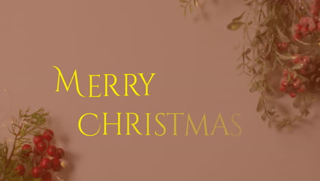 Animation-of-merry-christmas-text-in-yellow-over-flower-bouquets-on-wall