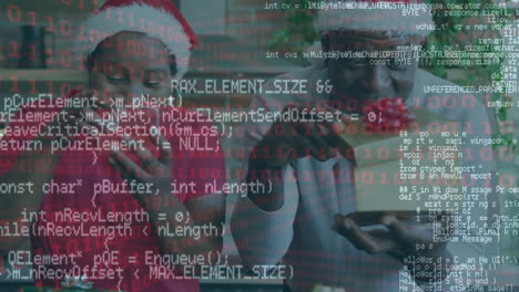 Animation-Der-Datenverarbeitung-über-Ein-Aufgeregtes-älteres-Afroamerikanisches-Paar,-Das-Weihnachtsgeschenke-Hält