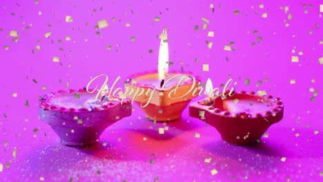 Animation-of-happy-diwali-text-over-candles-on-purple-background