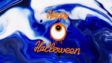 Animation-of-happy-halloween-text-and-eye-over-blue-and-white-background