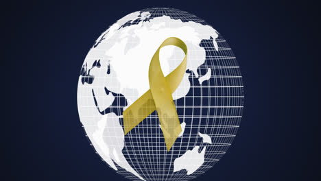 Animation-of-yellow-ribbon-over-spinning-globe-on-blue-background