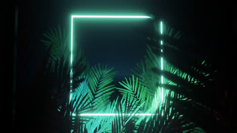 Animation-Von-Blättern-über-Grünem-Neonquadrat-Auf-Schwarzem-Hintergrund