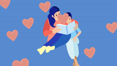 Animation-of-caucasian-mother-reading-to-son-over-blue-background-with-hearts