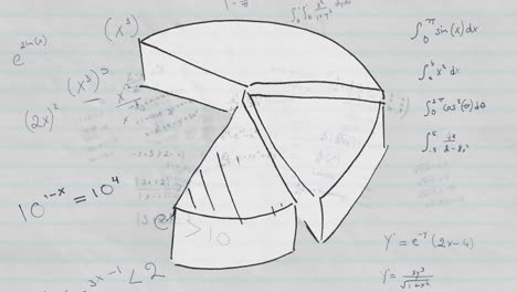 Animation-Des-Kreisdiagramm-Symbols-über-Mathematischen-Gleichungen-Vor-Weißem-Liniertem-Papierhintergrund