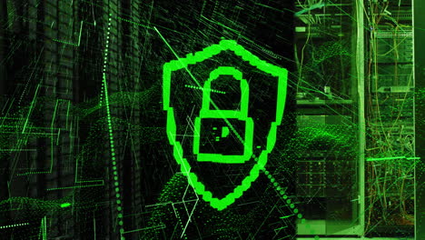Animation-of-security-padlock-icon-over-green-digital-wave-and-light-trails-against-server-room