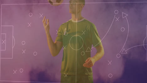 Animation-Des-Taktischen-Diagramms-Eines-Fußballspiels-über-Einem-Kaukasischen-Männlichen-Fußballspieler,-Der-Einen-Ball-Wirft