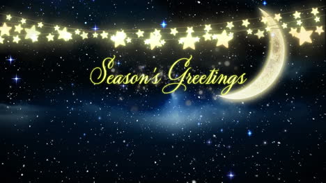Animation-of-snow-falling-over-seaons-greetings-text-banner-and-fairy-lights-against-night-sky