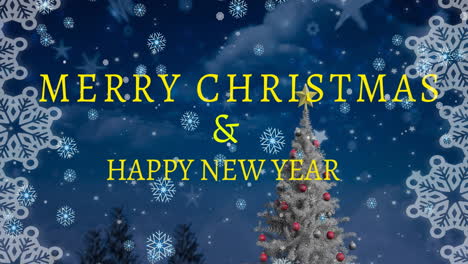 Animation-of-snowflakes-over-merry-christmas-and-happy-new-year-text-banner-against-christmas-tree