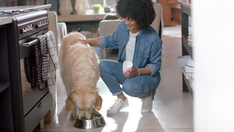 Happy-biracial-woman-serving-golden-retriever-dog-food-at-home,-slow-motion