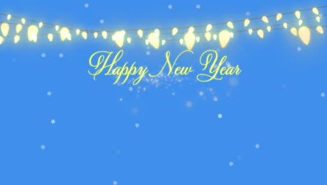 Animation-of-white-particles-over-happy-new-year-text-and-fairy-lights-against-blue-background