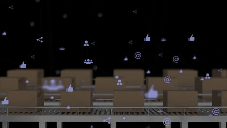 Animation-Von-Mediensymbolen-über-Kisten-Auf-Einem-Förderband
