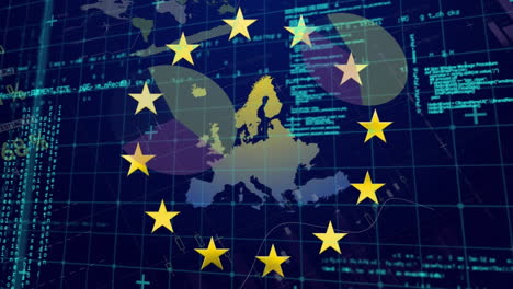 Animation-Von-Sich-Drehenden-Sternen-Auf-Der-EU-Karte-Vor-Statistischer-Datenverarbeitung-Auf-Blauem-Hintergrund