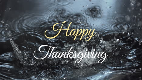 Animation-of-happy-thanksgiving-text-banner-against-slow-motion-of-a-bottle-falling-in-the-water