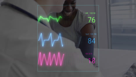 Animation-of-colourful-cardiographs-over-happy-diverse-patient-and-doctor-taking-pressure
