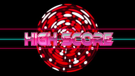 Animation-of-high-score-text-banner-over-abstract-red-circular-shapes-against-black-background