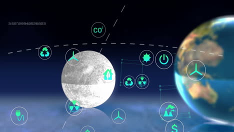 Animation-of-digital-eco-icons-processing-over-globe-and-moon