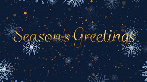 Animation-of-snowflakes,-yellow-spots-floating-over-seasons-greetings-text-banner-on-blue-background