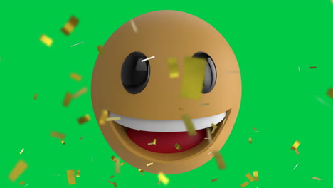 Animation-Von-Goldenem-Konfetti,-Das-über-Smiley-Emojis-Vor-Grünem-Hintergrund-Fällt
