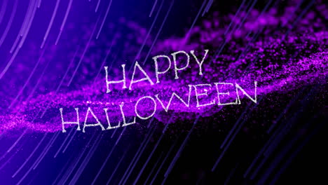 Animation-of-halloween-text-banner-over-blue-light-trails-and-purple-digital-wave