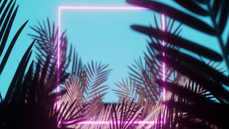 Animation-Von-Blättern-über-Rosa-Neonquadrat-Auf-Blauem-Hintergrund
