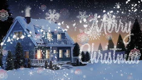 Animation-of-shooting-star,-snowflakes-falling-on-merry-christmas-text-and-house-on-winter-landscape