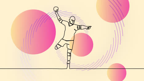 Animation-of-drawing-of-male-handball-player-throwing-ball-and-shapes-on-beige-background