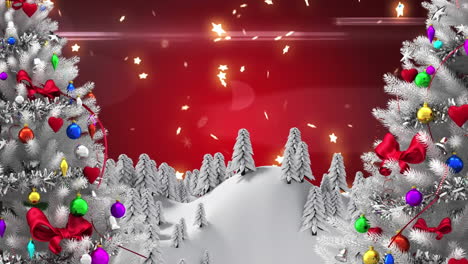 Animation-Von-Geschmückten-Weihnachtsbäumen,-Schneebedeckten-Bergen-Und-Sternen-Auf-Rotem-Hintergrund