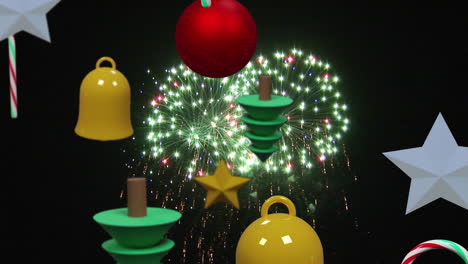 Fallende-Bunte-Weihnachtskugeln-Und-Zuckerstangen-über-Feuerwerk-Auf-Schwarzem-Hintergrund